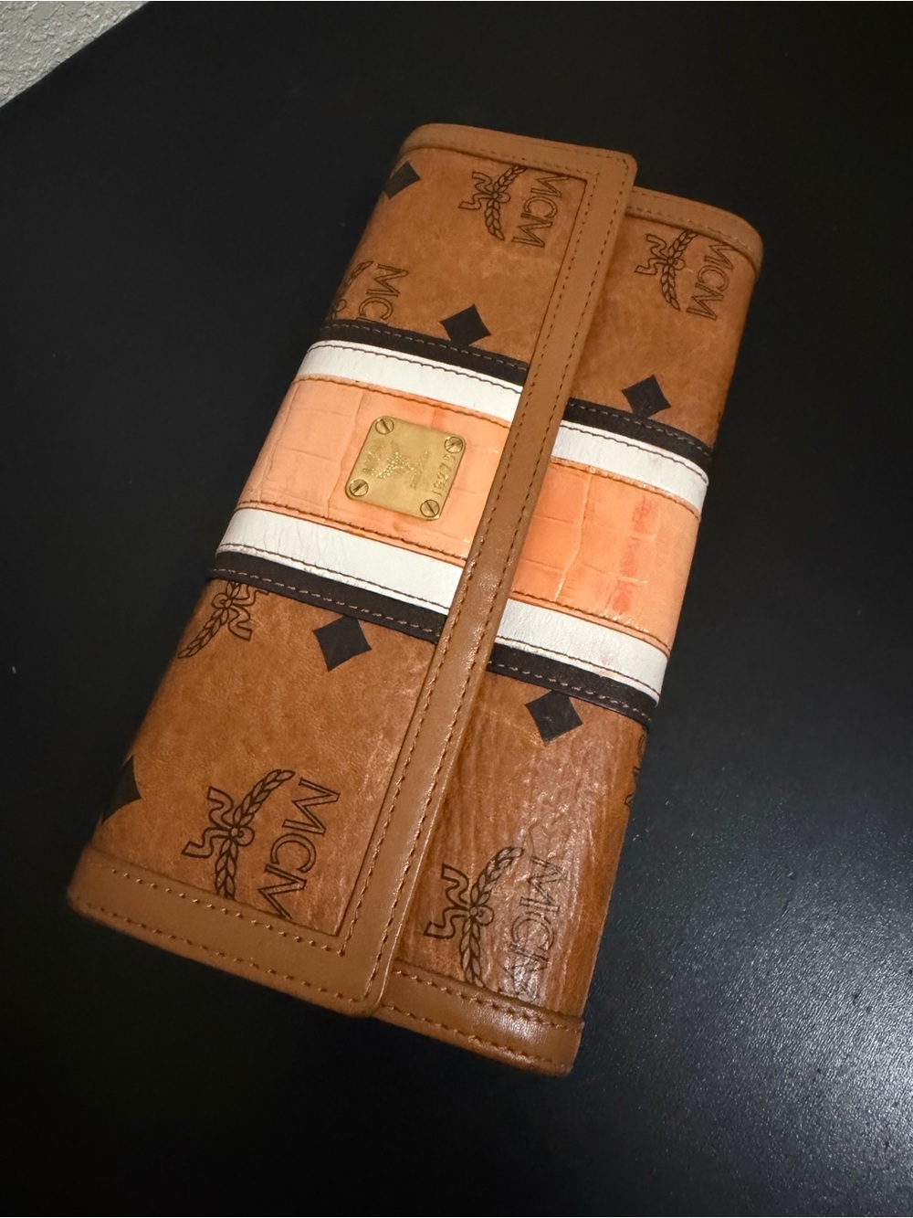 MCM Cognac and Peach Striped Continental Wallet